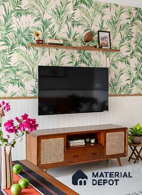 Mid-century modern living room with tropical wallpaper and cane-front TV unit in 3 BHK apartment Hilife Triflora Gunjur Road Bengaluru