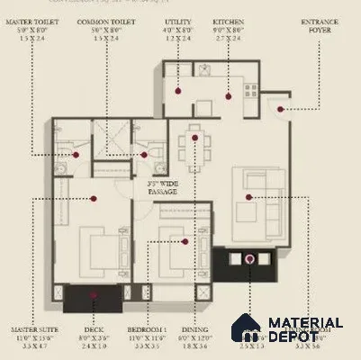 Modern apartment floor plan layout with designated kitchen, living, dining, bedrooms, and utility spaces