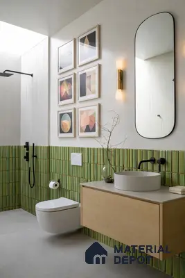 Scandinavian bathroom with green fluted wall tiles, light wood floating vanity, and matte white fixtures