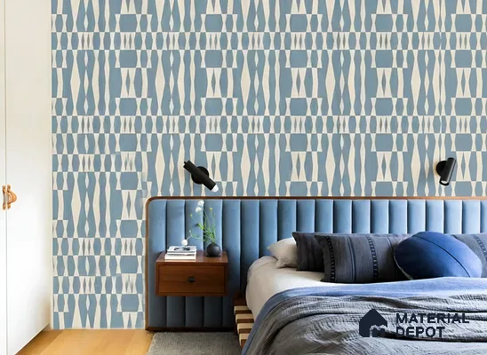 Mid-century modern bedroom with geometric blue wallpaper and velvet upholstered headboard