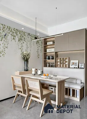 Scandinavian dining room with light oak laminate, white tabletop, and botanical wallpaper accent
