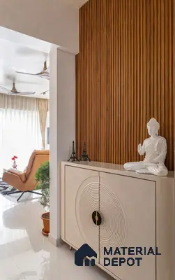 Modern foyer with walnut brown wood louvers and ivory white console cabinet