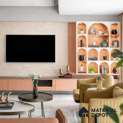 Modern living room with peach laminate TV unit, white brick wall tiles, and mustard suede upholstered chairs