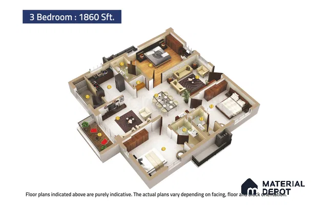 Modern 3BHK apartment floor plan with beige tile flooring, wooden laminate wardrobes, and open plan living-dining layout