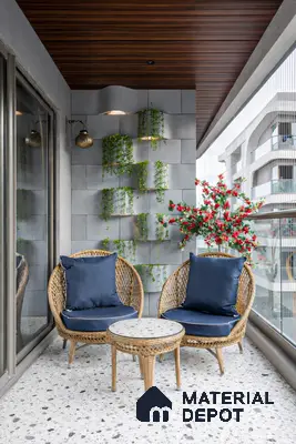 Modern balcony with terrazzo floor tiles, wooden ceiling louvers, and concrete block accent wall