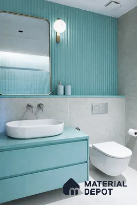 Modern bathroom with aqua blue fluted wall tiles and matte aqua laminate vanity
