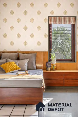 Traditional bedroom with damask patterned wallpaper, warm wood laminate bed and side unit, and glossy beige floor tile