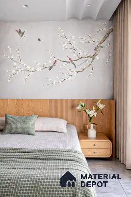Japandi bedroom with chinoiserie wallpaper, natural oak fluted headboard, and grey stone floor tile