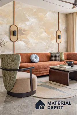 Modern living room with suede rust sofa, marble effect accent wall, and grey marble floor tile