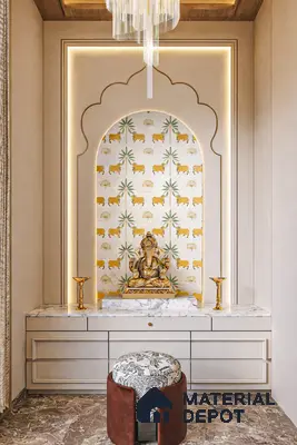 Traditional pooja room with marble laminate, patterned wallpaper, and brown marble floor tile
