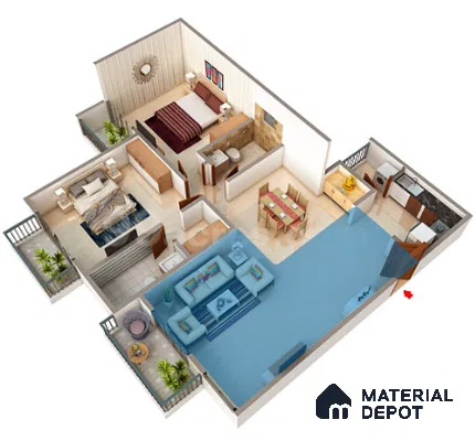 Modern open plan living room with beige floor tiles and blue accent furniture