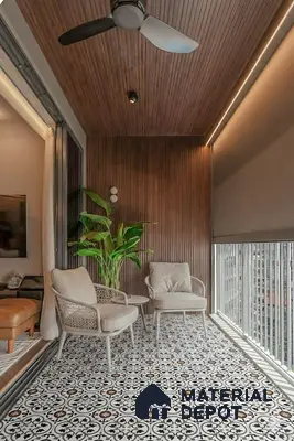 Modern balcony with patterned moroccan floor tiles and wooden louver ceiling and wall panels