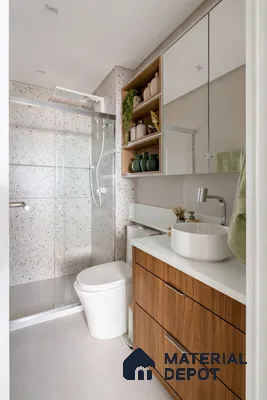 Modern bathroom with terrazzo wall tiles, light grey floor tiles, and walnut wood vanity laminate