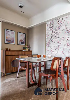 Mid-century modern dining room with walnut wood furniture, marble floor tile, and floral chinoiserie wallpaper