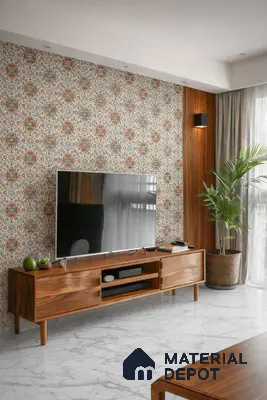 Mid-century modern living room with patterned wallpaper, walnut TV unit, and white marble floor tile