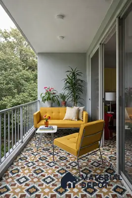 Mid-century modern balcony with patterned geometric floor tiles and mustard upholstered seating
