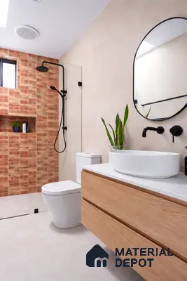Modern bathroom with terracotta wall tiles, beige floor tiles, and light oak vanity
