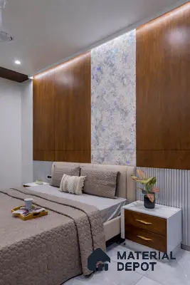 Modern bedroom with walnut wood laminate panel, abstract wallpaper accent, and grey tile flooring