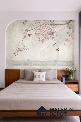 Japandi bedroom with chinoiserie floral wallpaper, natural wood bed, and neutral suede upholstery