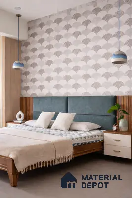 Scandinavian bedroom with geometric patterned wallpaper, suede upholstered headboard, and natural wood bed