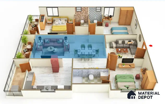 Modern living and dining room with marble-look floor tiles and wooden furniture