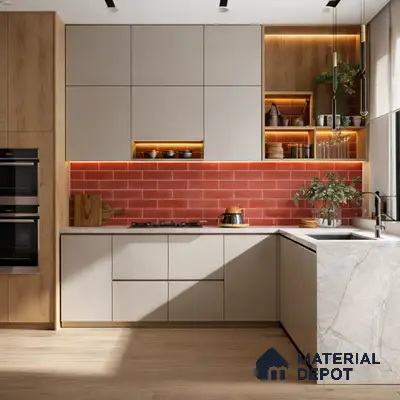 Modern kitchen with beige laminate cabinets, red subway backsplash tile, and white marble countertop