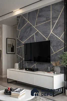Modern TV unit with geometric grey stone-look accent wall and white matte laminate cabinet