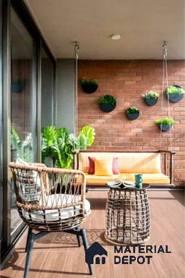 Scandinavian balcony with brick cladding wall, wooden floor tiles, and rattan furniture of 3 BHK apartment in IBC Platinum City Yeshwanthpur Bengaluru