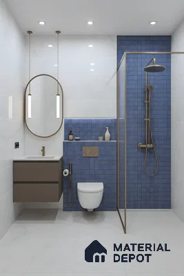 Modern bathroom with blue mosaic poster wall tiles and white marble-look floor tiles of 3 BHK apartment in IBC Platinum City Yeshwanthpur Bengaluru