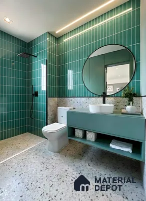 Modern bathroom with green vertical subway wall tiles and terrazzo floor and wall tiles of 3 BHK apartment in IBC Platinum City Yeshwanthpur Bengaluru