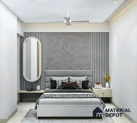 Modern bedroom with grey fluted wall panels, geometric accent wall, and upholstered bed of 3 BHK apartment in IBC Platinum City Yeshwanthpur Bengaluru