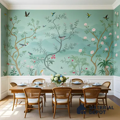 Art Deco dining room with chinoiserie wallpaper and natural wood dining set of 3 BHK apartment in IBC Platinum City Yeshwanthpur Bengaluru