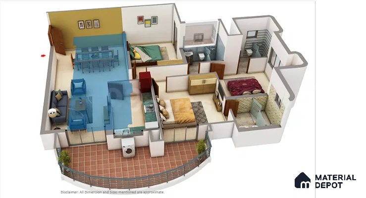 Modern open plan living and dining with beige floor tiles and wooden laminate furniture of 3 BHK apartment in IBC Platinum City Yeshwanthpur Bengaluru