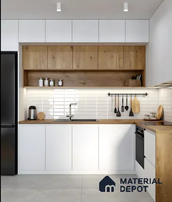 Scandinavian kitchen with white laminate cabinets, oak wood laminate, and white subway backsplash tiles of 3 BHK apartment in IBC Platinum City Yeshwanthpur Bengaluru