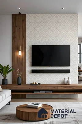 Modern living room with geometric wallpaper, walnut wood laminate TV unit, and wooden coffee table of 3 BHK apartment in IBC Platinum City Yeshwanthpur Bengaluru
