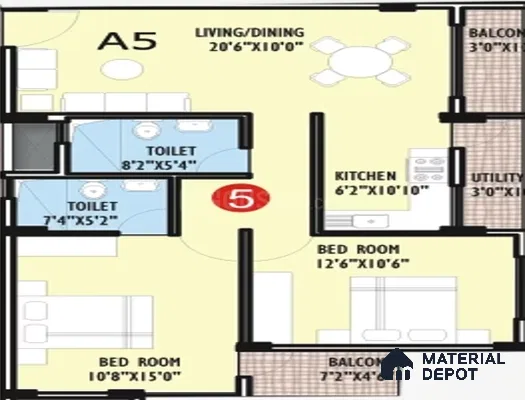 Modern apartment layout with living/dining, kitchen, bedrooms, and balcony
