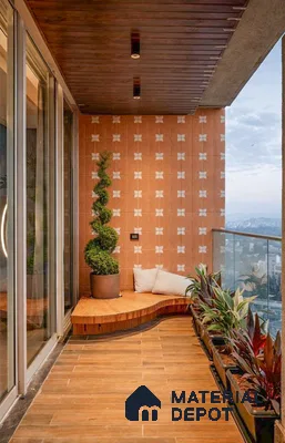 Modern balcony with terracotta patterned wall tiles, wood-look floor tiles, and wooden ceiling panels