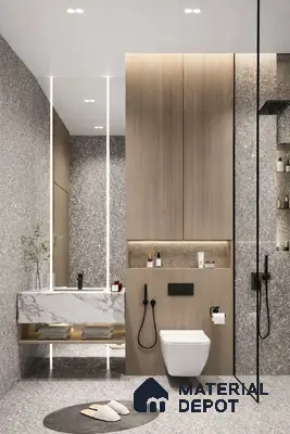 Minimalist bathroom with terrazzo wall and floor tiles, light oak laminate cabinetry, and marble-look vanity