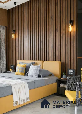 Modern bedroom with walnut wood fluted wall panels and mustard yellow upholstered bed