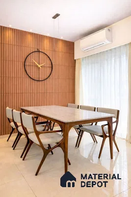 Mid-century modern dining room with fluted wood wall panels and beige marble floor tiles