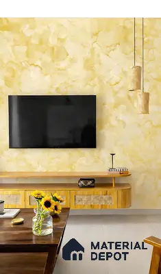 Modern living room with yellow marble-look wall panel, cane-front floating TV unit, and walnut wood table