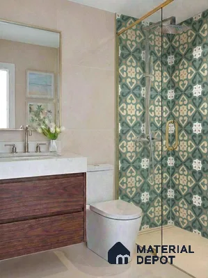Modern bathroom with green and beige patterned moroccan wall tiles and wood vanity