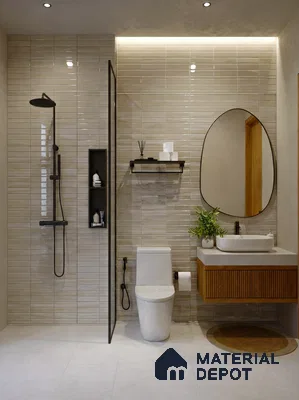 Minimalist bathroom with beige subway wall tiles, floating fluted wood vanity, and matte white floor tiles