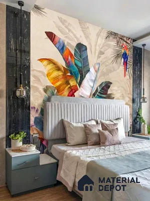 Eclectic bedroom with tropical wallpaper, black marble accent panels, and upholstered headboard