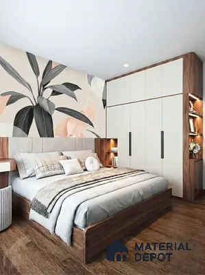 Modern bedroom with floral wallpaper, white laminate wardrobe, and walnut wood finishes