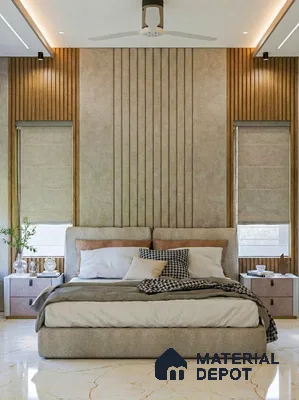Modern bedroom with suede upholstered bed, beige textured wall panels, and wooden fluted wall accents