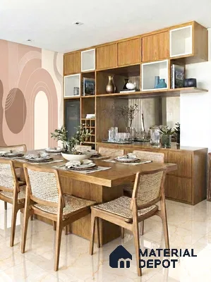 Scandinavian dining room with natural wood cabinetry, cane chairs, and abstract patterned wallpaper