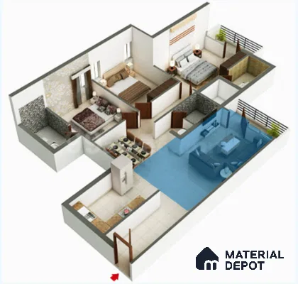 Modern Floor Plan with glossy white floor tiles and blue accent furniture