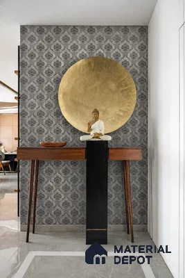 Modern pooja room with damask patterned wallpaper, gold accent panel, and wooden console