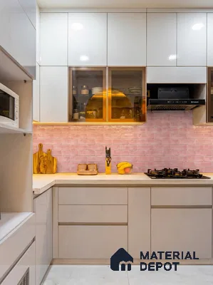 Modern kitchen with glossy white laminate cabinets and pastel pink subway backsplash tiles